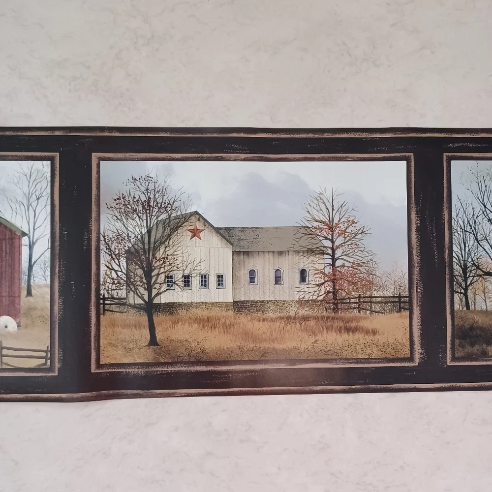 Wallpaper Border Country Farmhouse & Barn Scenes - Black